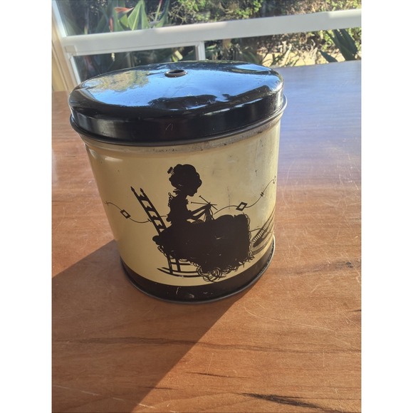Other - VTG Metal Yarn String Holder Tin‎ Silhouette Knitting Lady & Cat 4 3/8" Patina